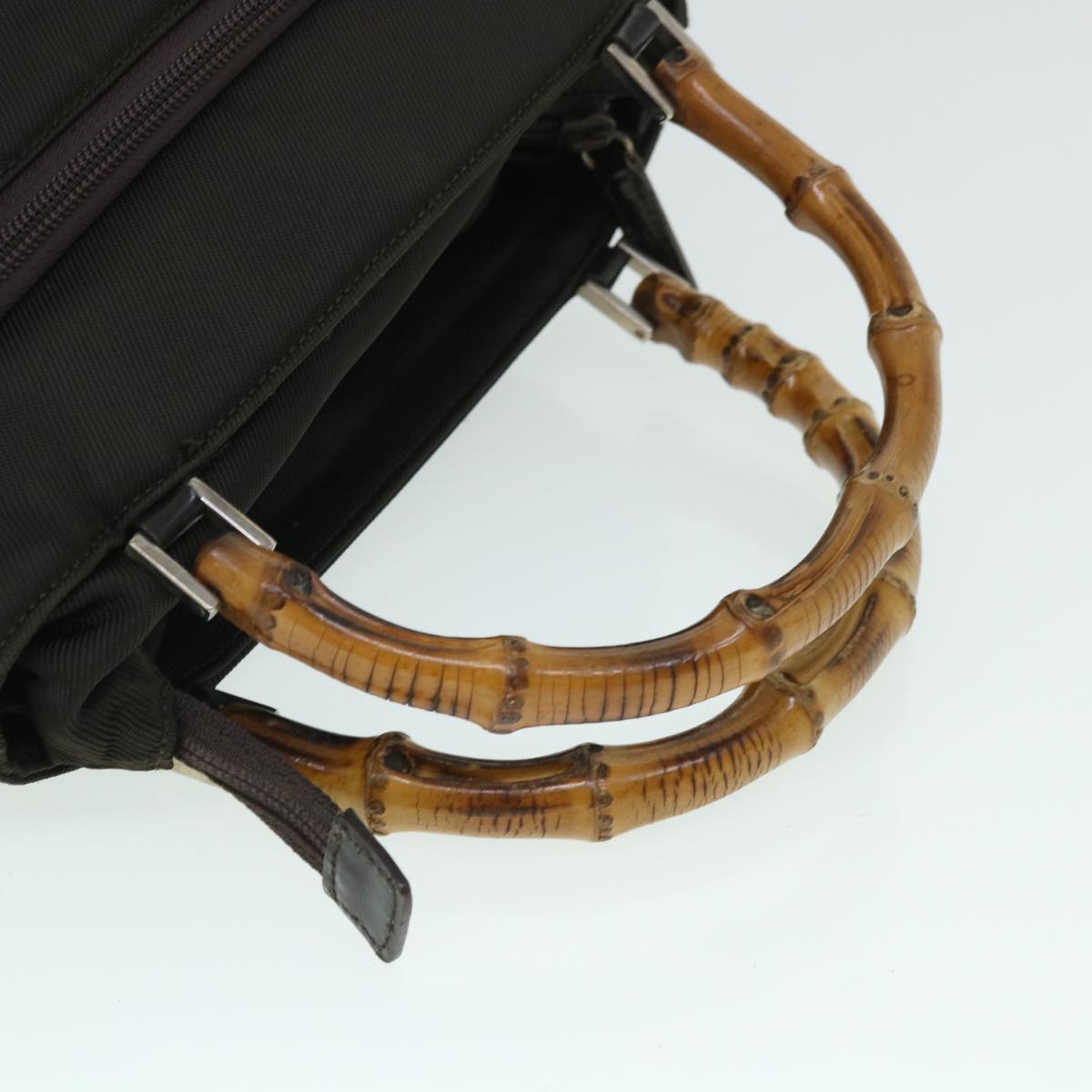 GUCCI Bamboo Hand Bag Nylon Leather 2way Khaki 002 2058 0508 5 bs8491