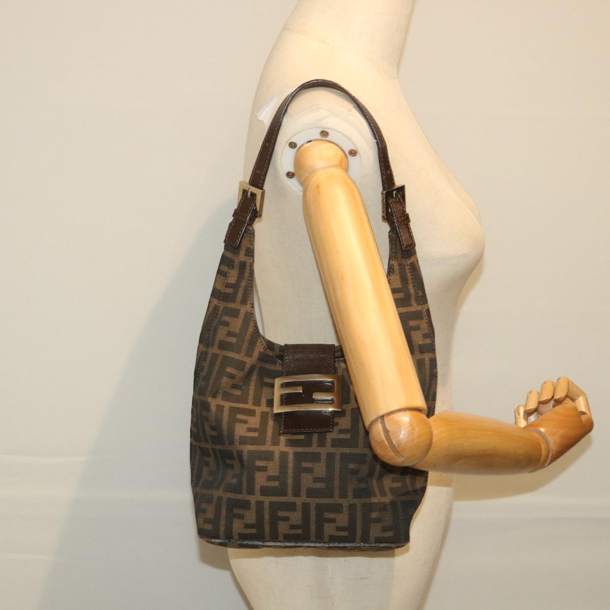 FENDI Zucca Canvas Mamma Baguette Shoulder Bag Black Brown bs9333