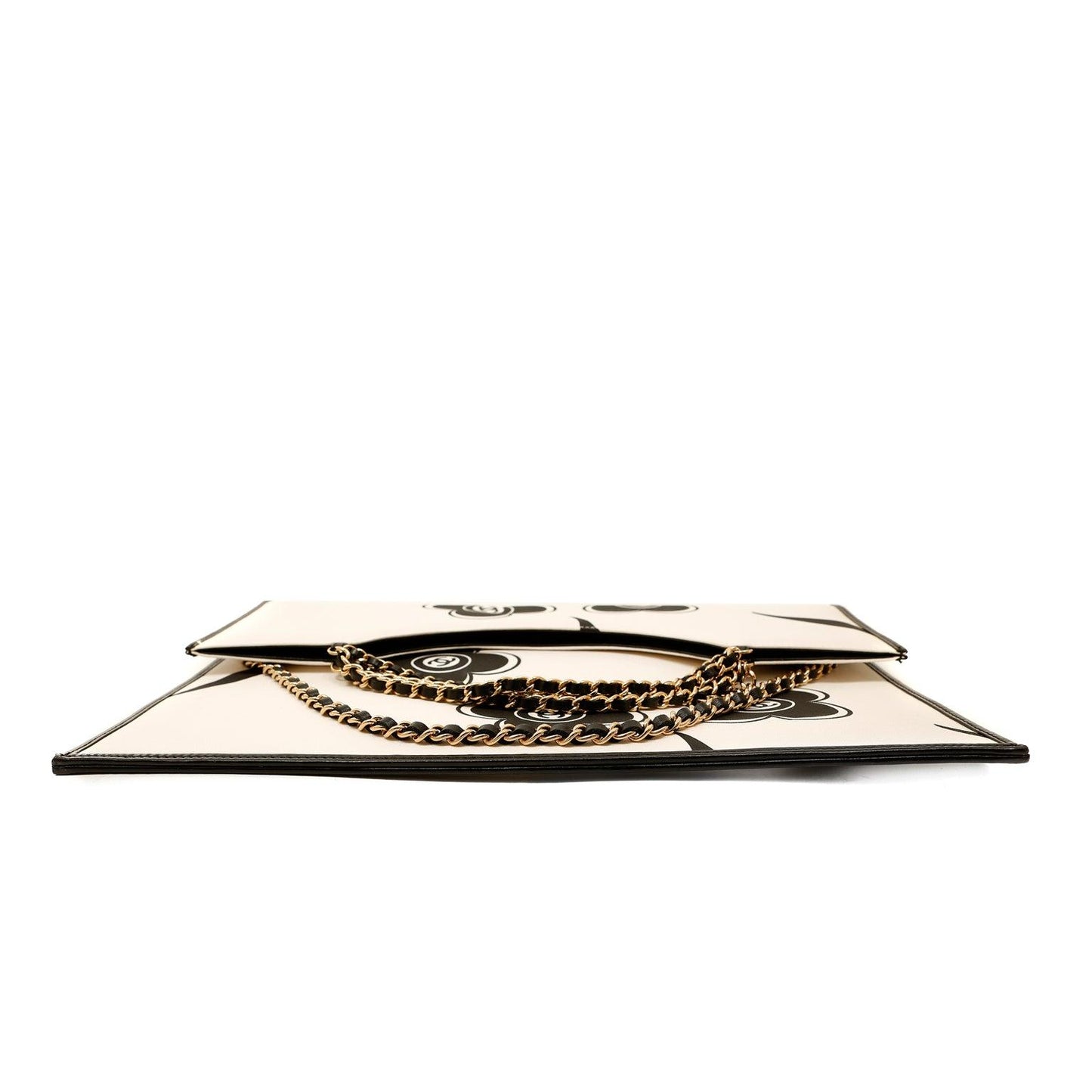 Chanel Ivory and Black Camellia Envelope Clutch with Strap