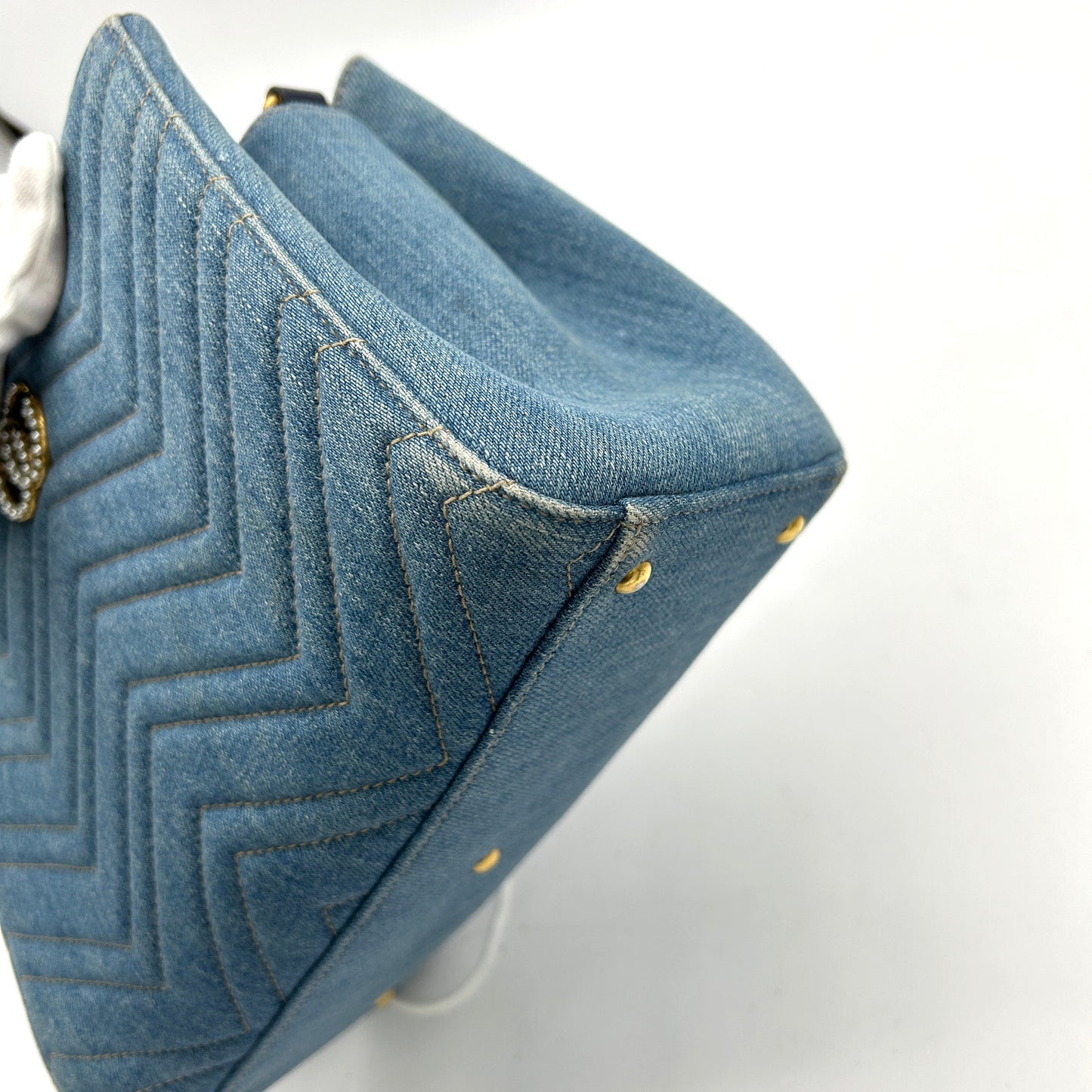 Gucci Denim Matelasse Small Pearly GG Marmont Tote Blue LA26996