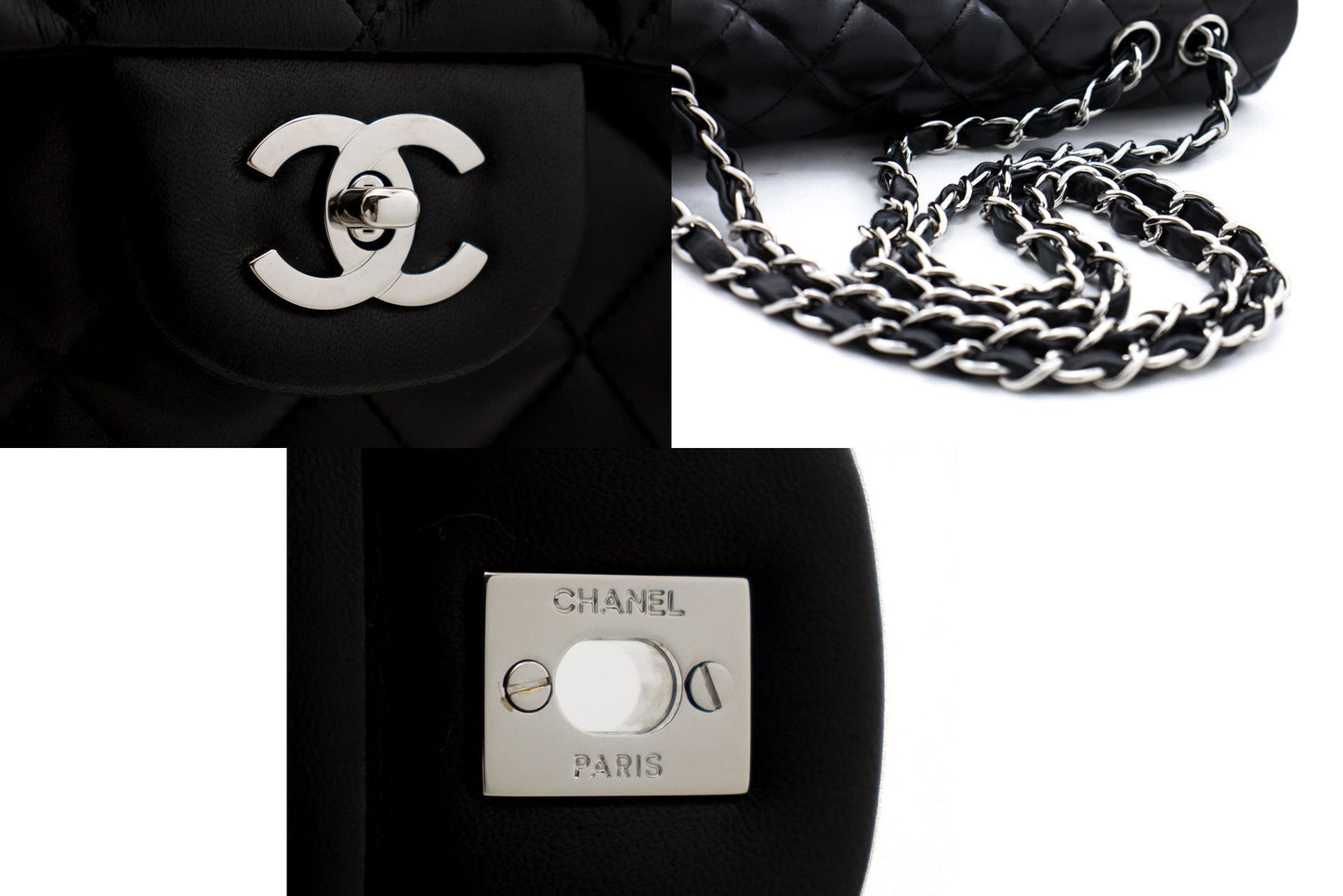 CHANEL Large Classic Handbag 11"Chain Shoulder Bag Flap Black Lamb h44