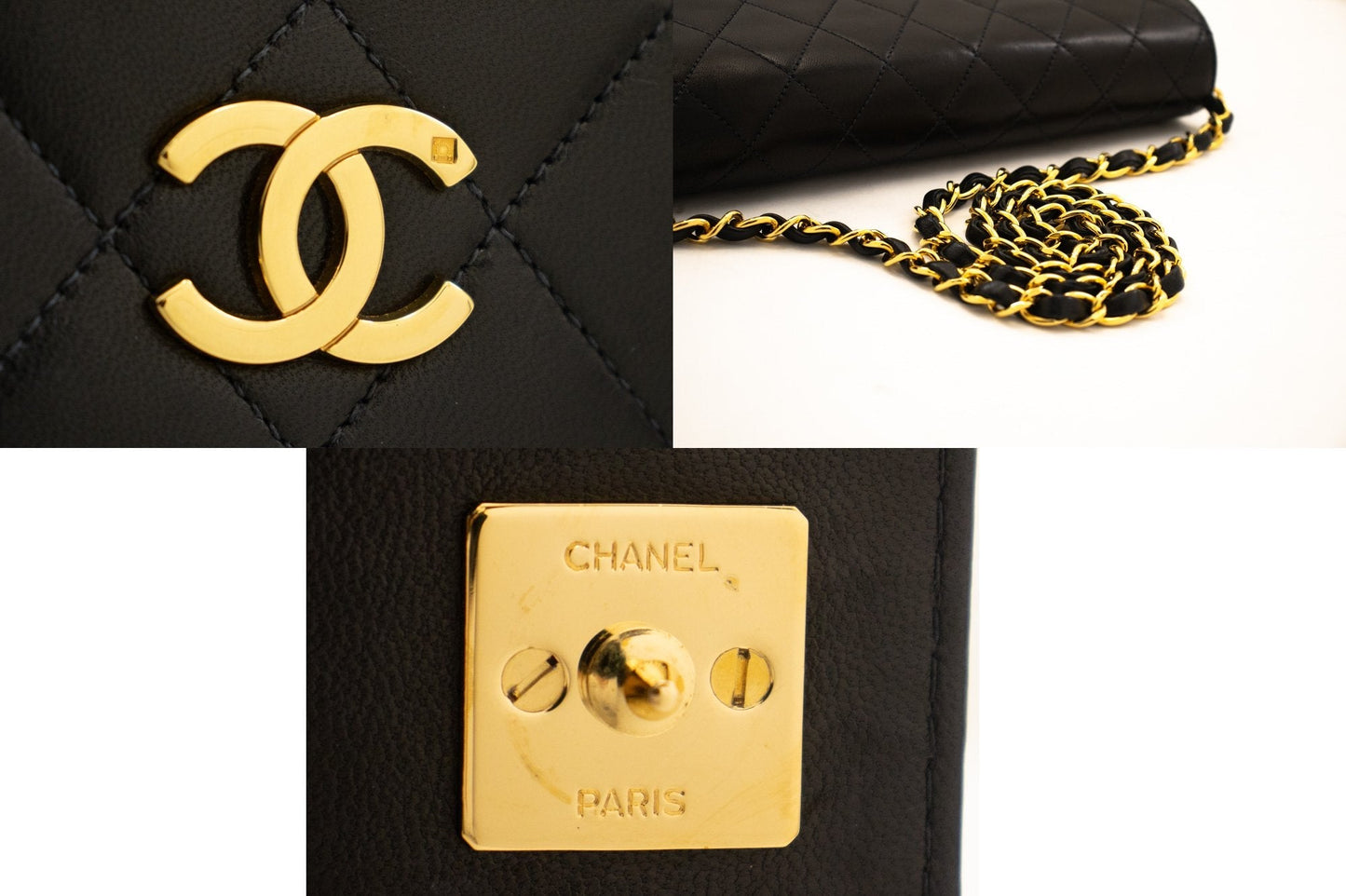 CHANEL Full Flap Chain Shoulder Bag Clutch Black Quilted Lambskin k78