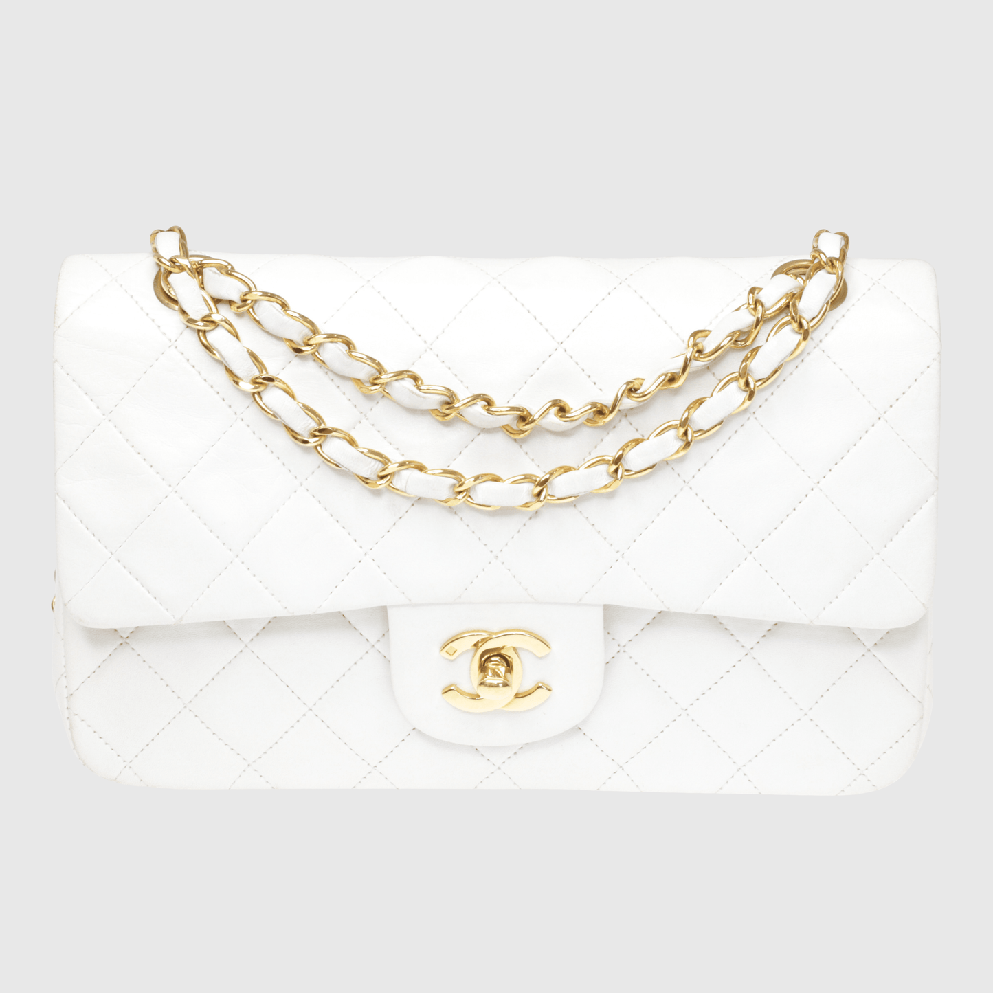 White Vintage Quilted Classic Medium Double Flap Bag w Gold Hardware