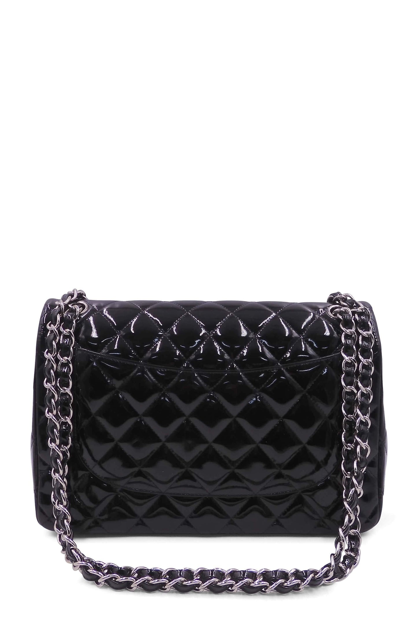 Quilted Patent Jumbo Classic Flap Bag with Silver Hardware Black