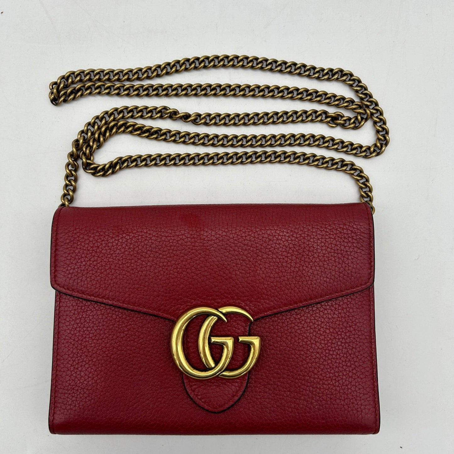 Gucci Red Leather GG Marmont Wallet On Chain Mini