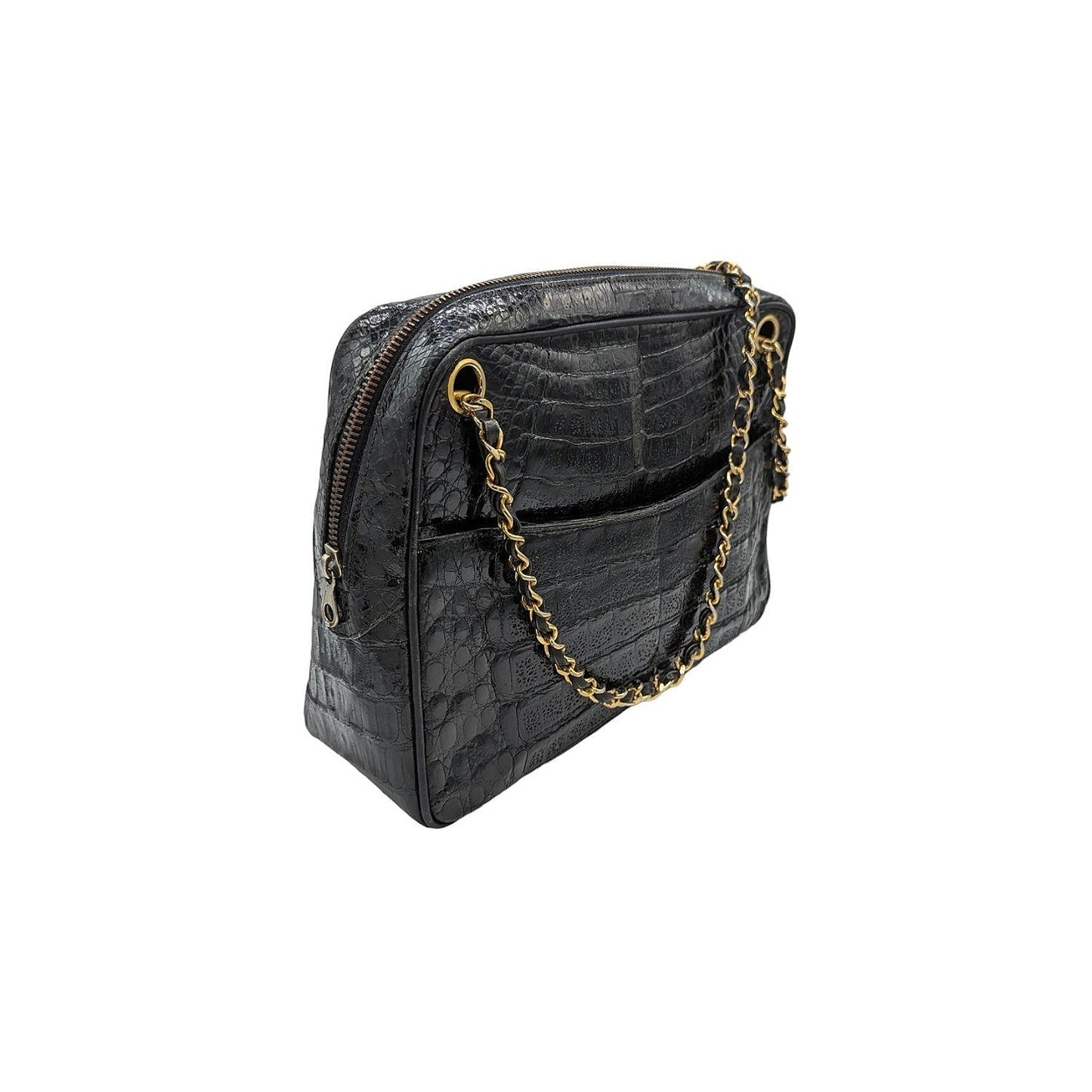 Chanel 80s Black Shiny Alligator Camera Shoulder Bag