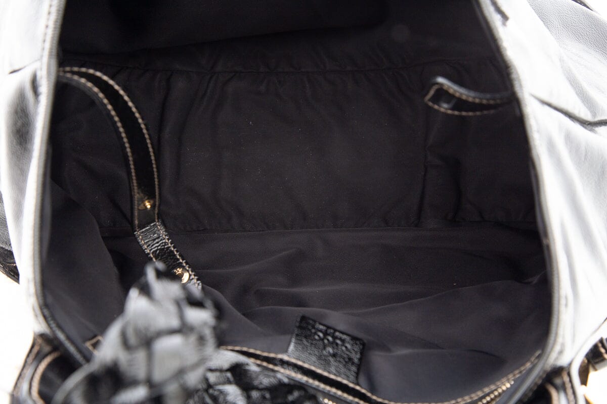 Gucci Black Patent Leather Handbag with Braided Handle and Horsebit Detail