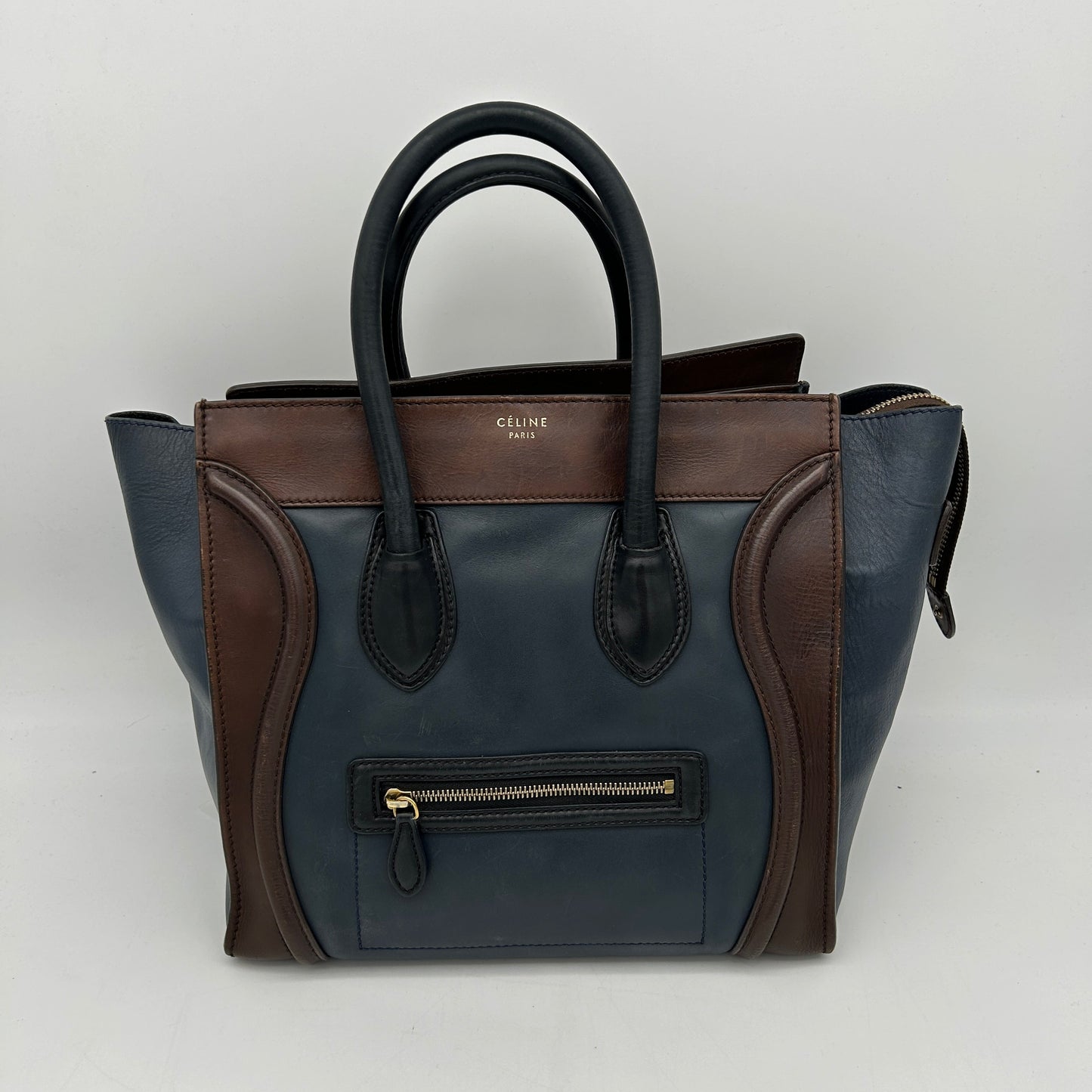 Celine Mini Luggage Tricolor Blue Brown Leather Tote Bag