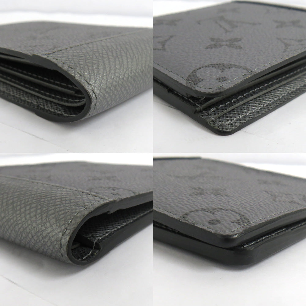 Louis Vuitton Portefolio Multipur M30843  Monogram Taiga Double Fold Wallet Silver Gr Card Compact Coinless Leather Mens