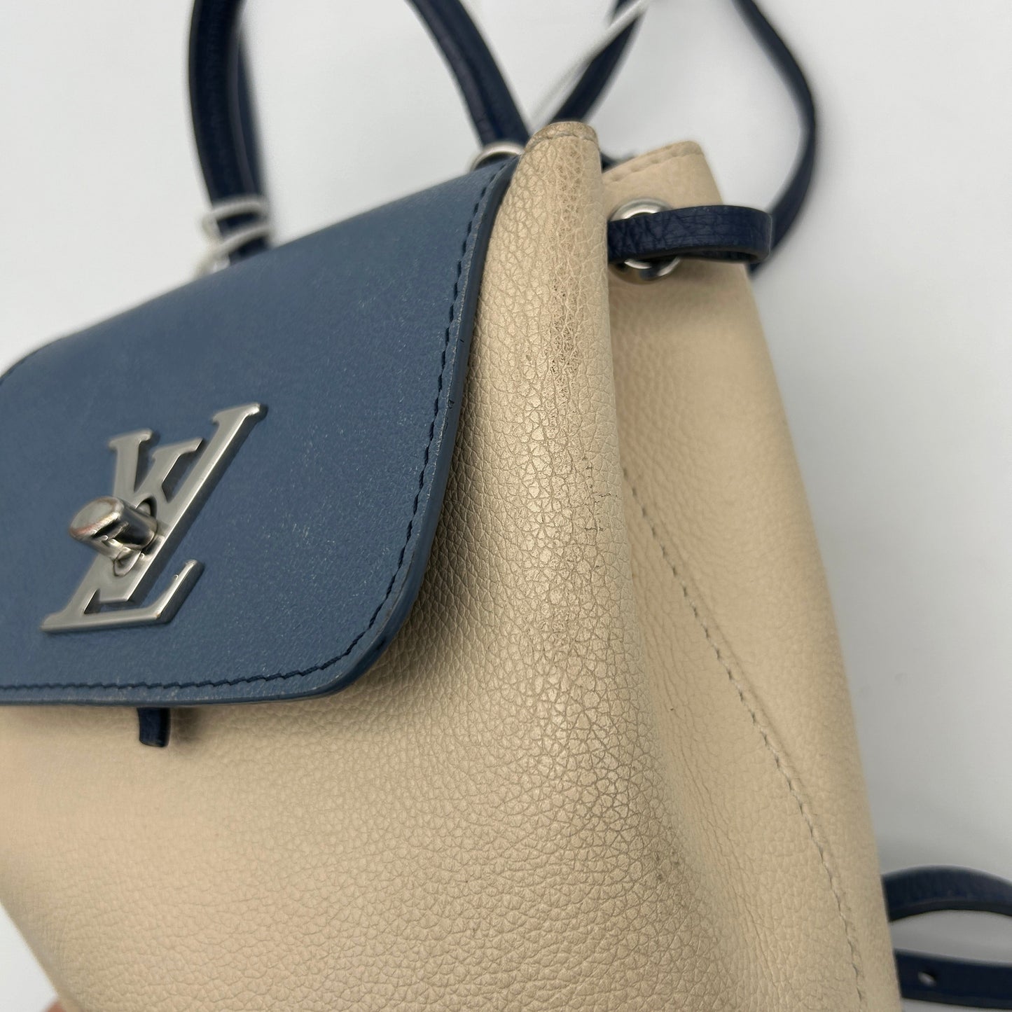 Louis Vuitton Mini Lockme Calfskin Leather Backpack Blue Ivory