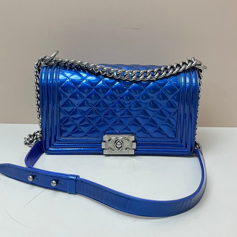 Chanel Boy Flap Bag Blue Patent Leather Medium