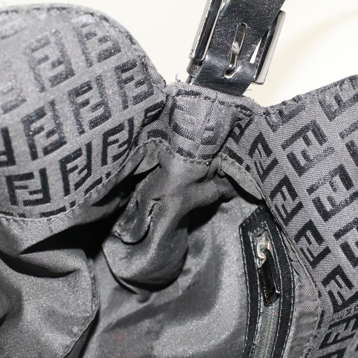 FENDI Zucchino Canvas Mamma Baguette Shoulder Bag Leather Black ep1135
