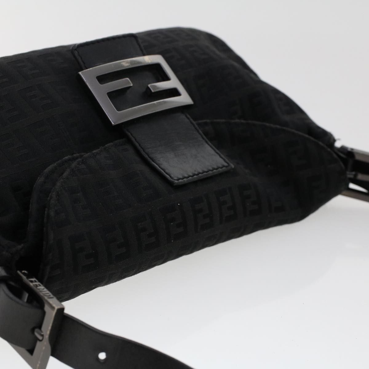 FENDI Zucchino Canvas Mamma Baguette Shoulder Bag Leather Black ep1135