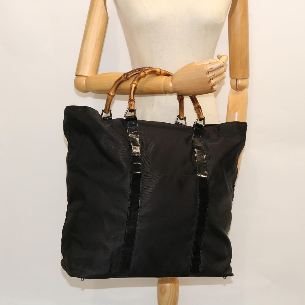 GUCCI Bamboo Hand Bag Nylon Black Brown ep1455