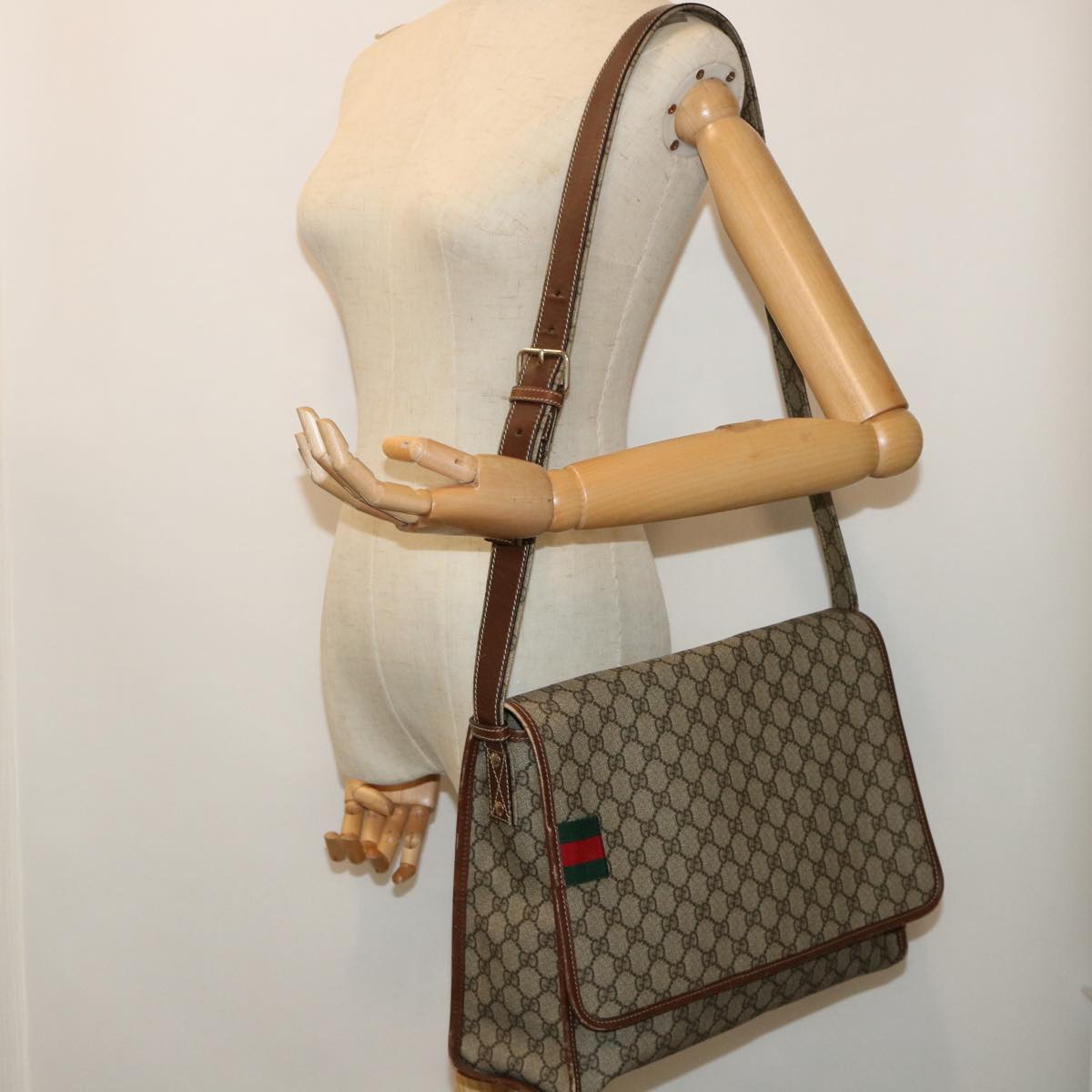 GUCCI GG Canvas Web Sherry Line Shoulder Bag PVC Leather Beige Red ep1457