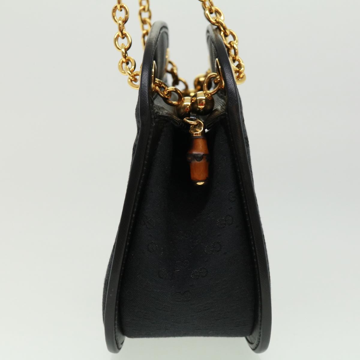 GUCCI Micro GG Canvas Bamboo Chain Shoulder Bag Black Gold ep231
