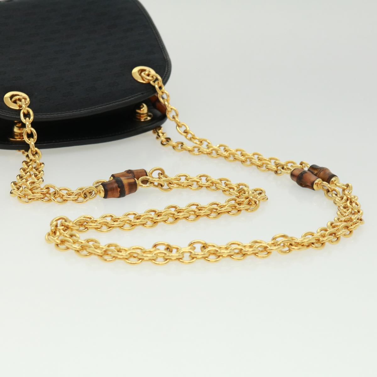 GUCCI Micro GG Canvas Bamboo Chain Shoulder Bag Black Gold ep231