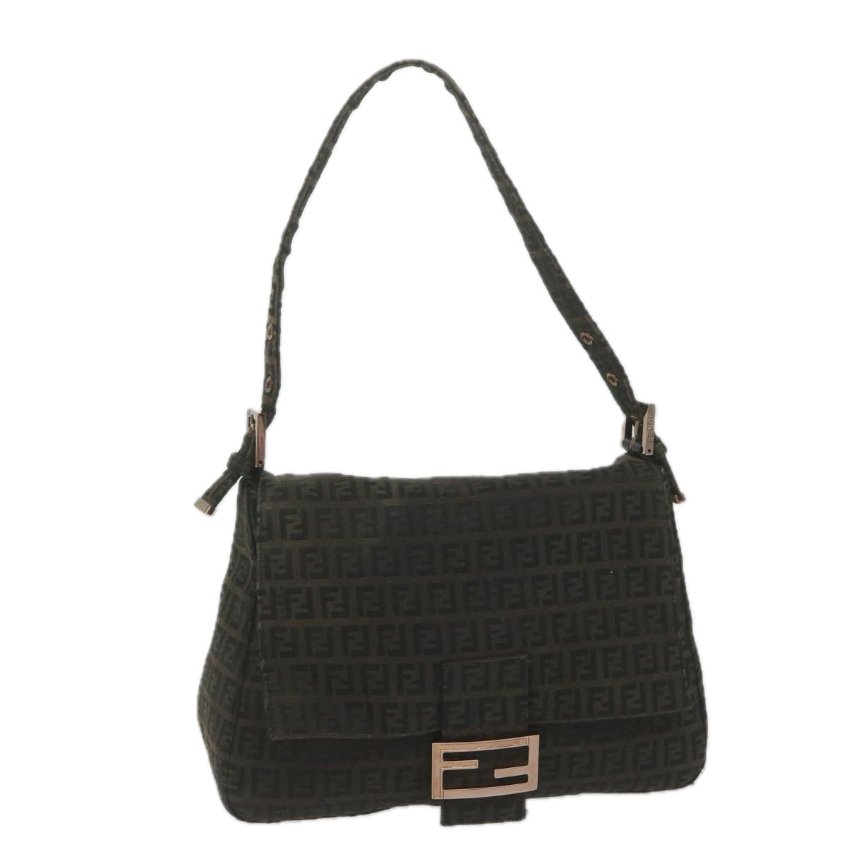 FENDI Zucchino Canvas Mamma Baguette Shoulder Bag Dark Brown ep2515