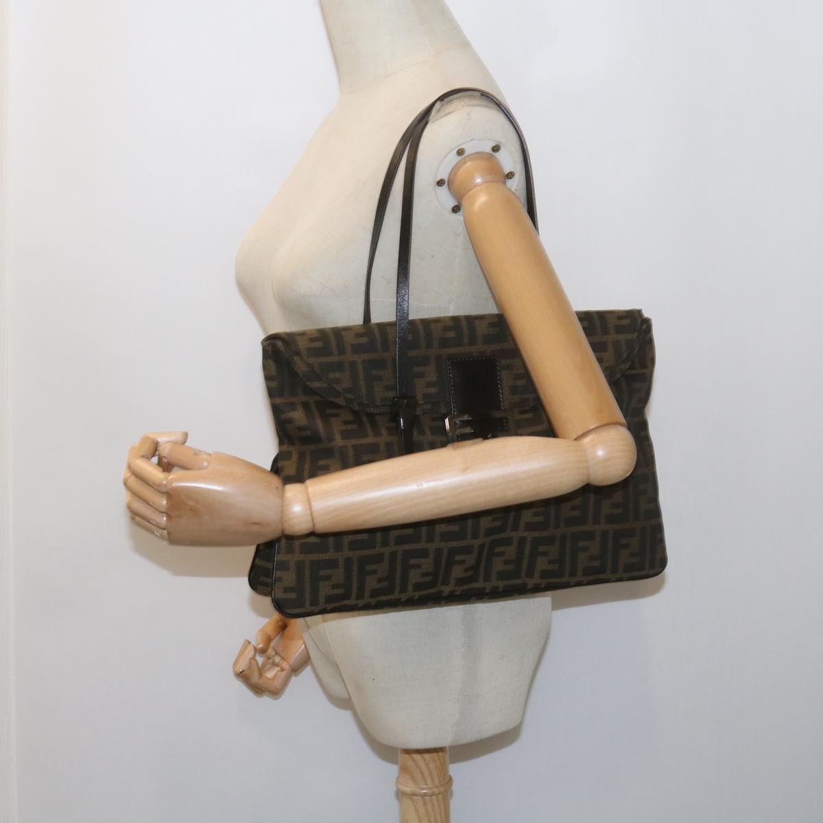 FENDI Zucca Canvas Mamma Baguette Shoulder Bag Black Brown ep2540