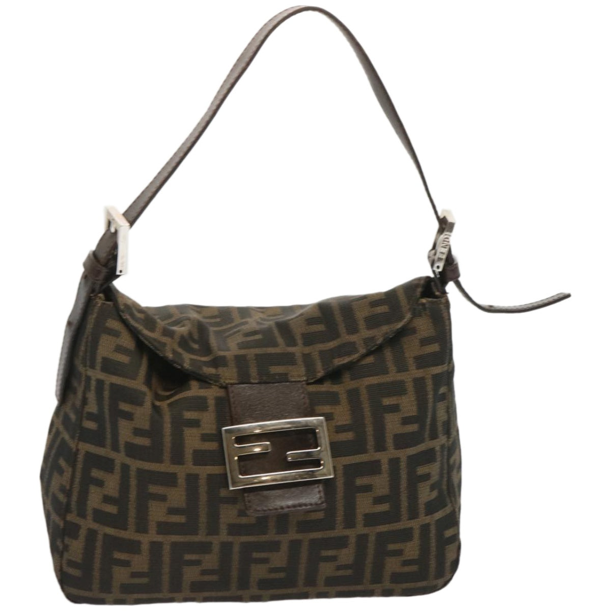 FENDI Zucchino Canvas Mamma Baguette Shoulder Bag Black Brown ep3562