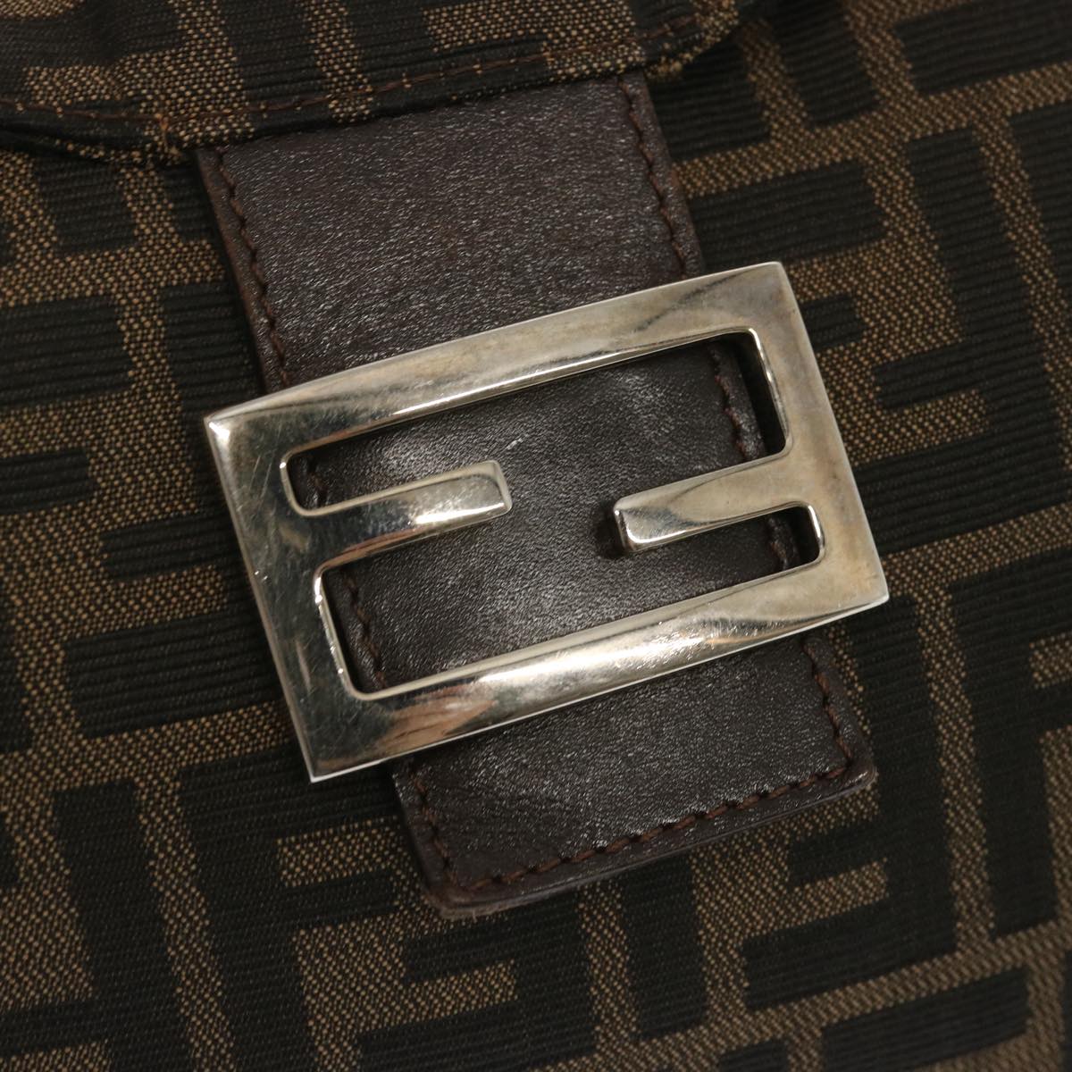 FENDI Zucchino Canvas Mamma Baguette Shoulder Bag Black Brown ep3562