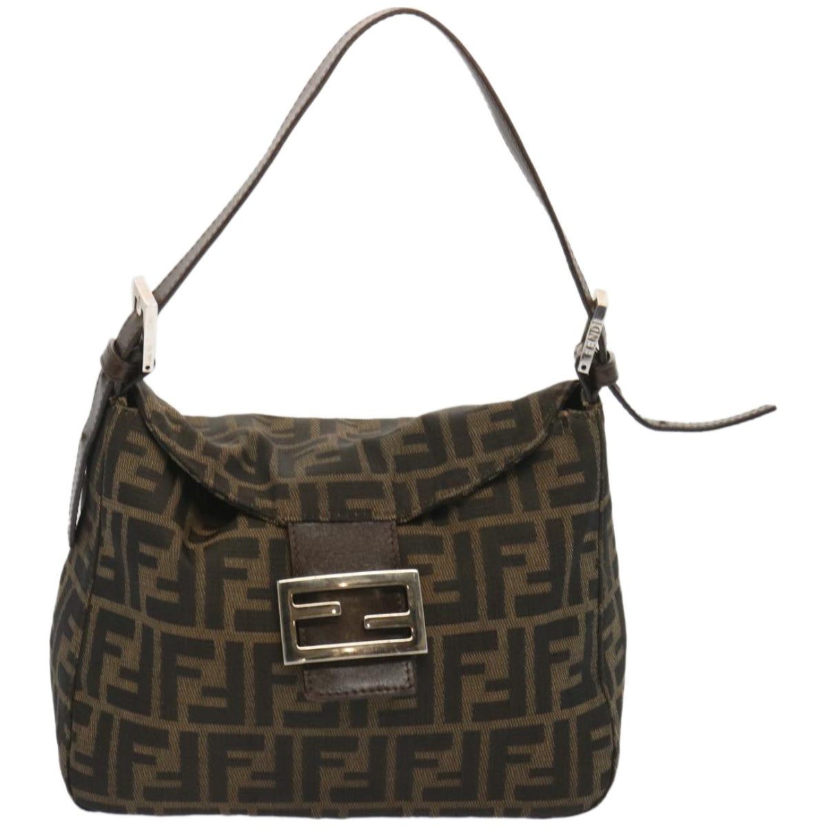 FENDI Zucchino Canvas Mamma Baguette Shoulder Bag Black Brown ep3562