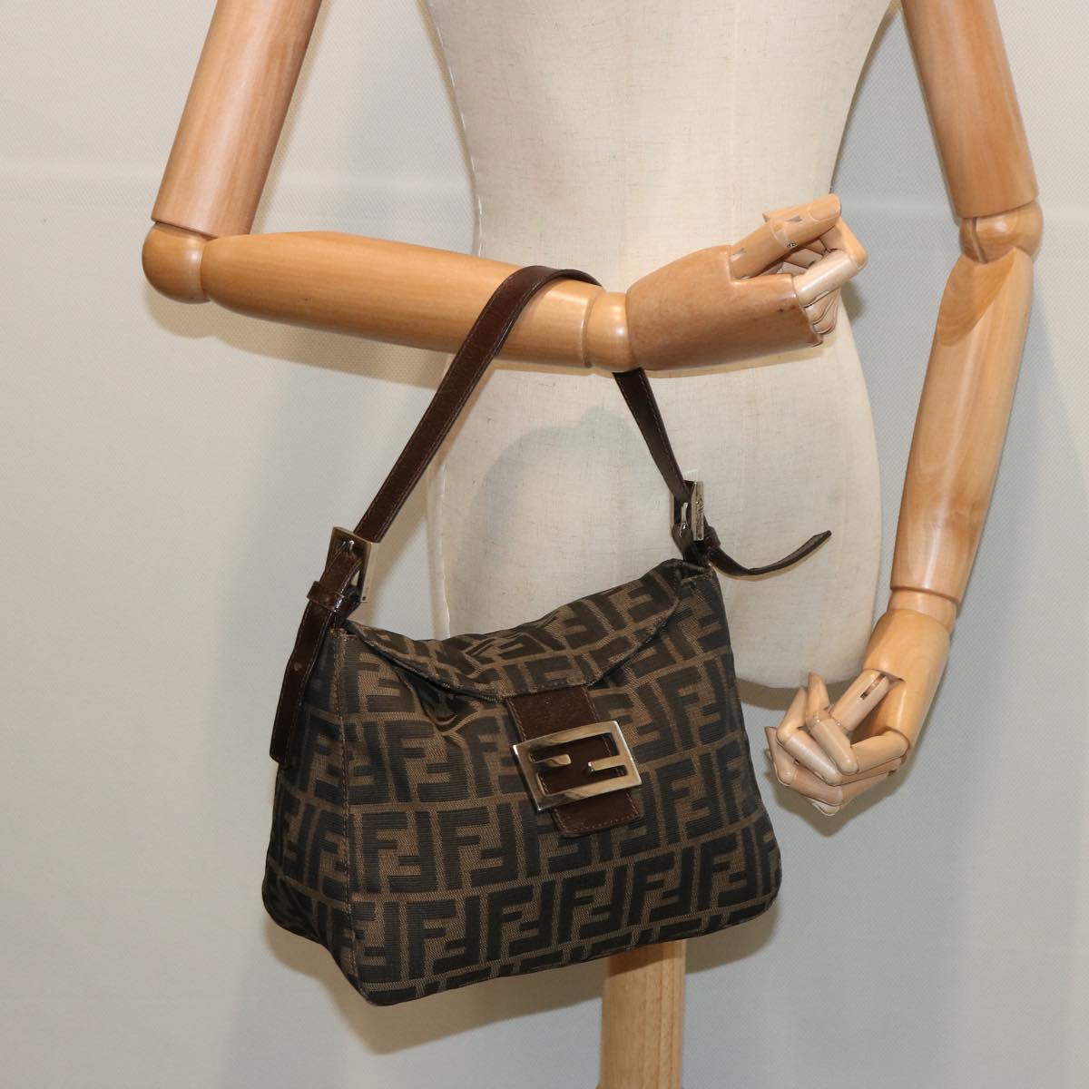 FENDI Zucchino Canvas Mamma Baguette Shoulder Bag Black Brown ep3562