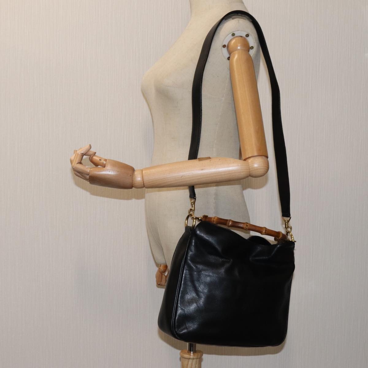 GUCCI Bamboo Hand Bag Leather 2way Black ep3954