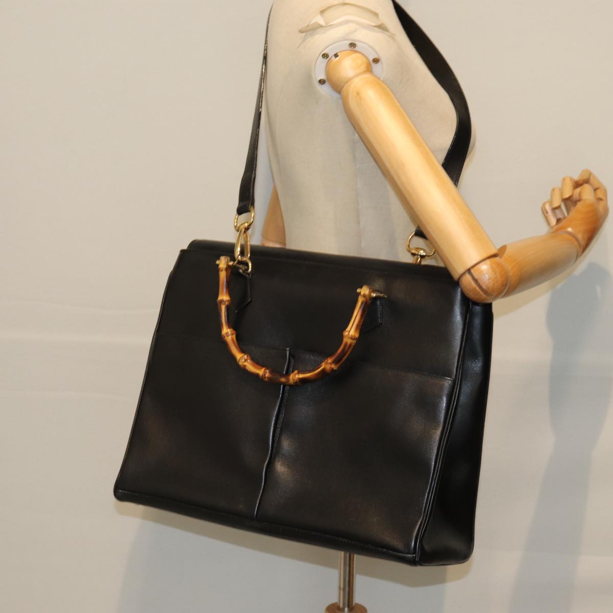 GUCCI Bamboo Hand Bag Leather 2way Black 002 123 0322 ep4124
