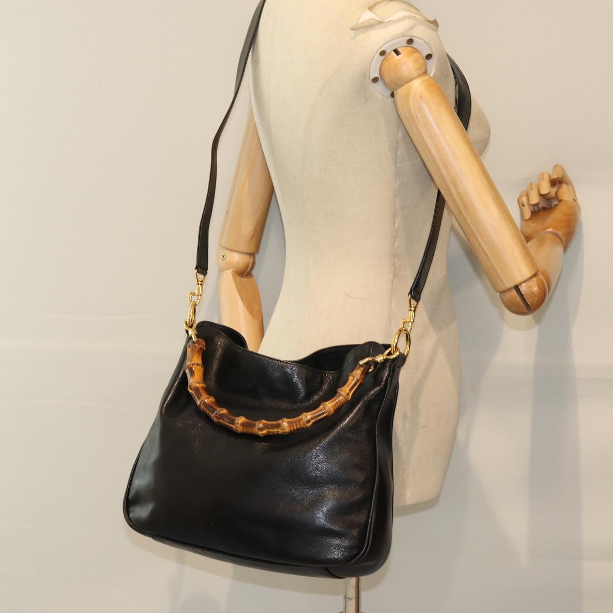 GUCCI Bamboo Hand Bag Leather 2way Black 001 1638 2615 ep4131