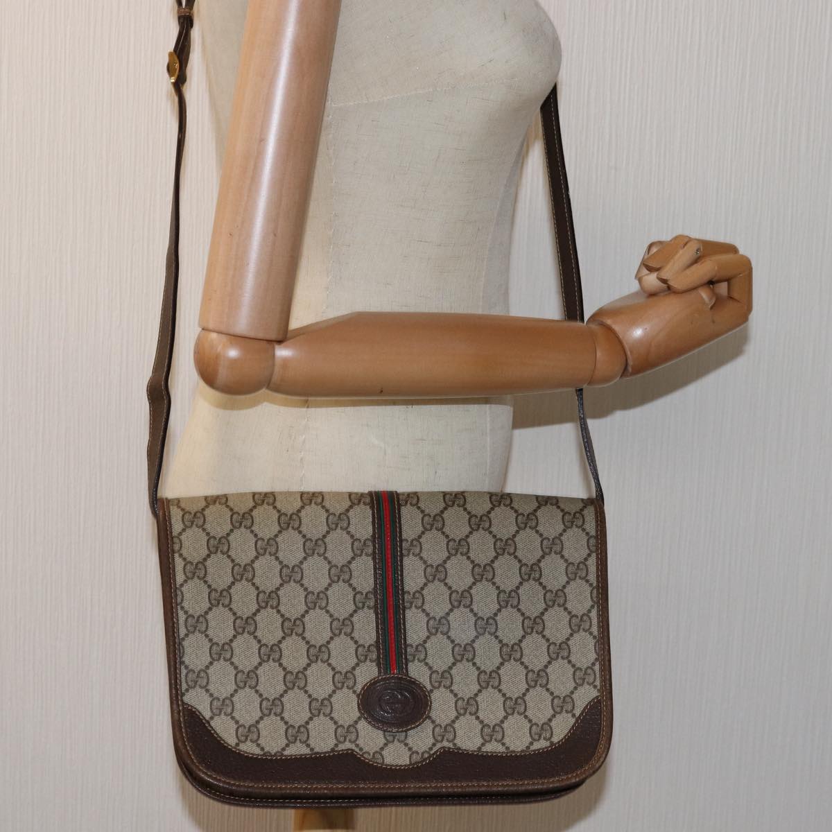 GUCCI GG Supreme Web Sherry Line Shoulder Bag PVC Leather Beige ep4229