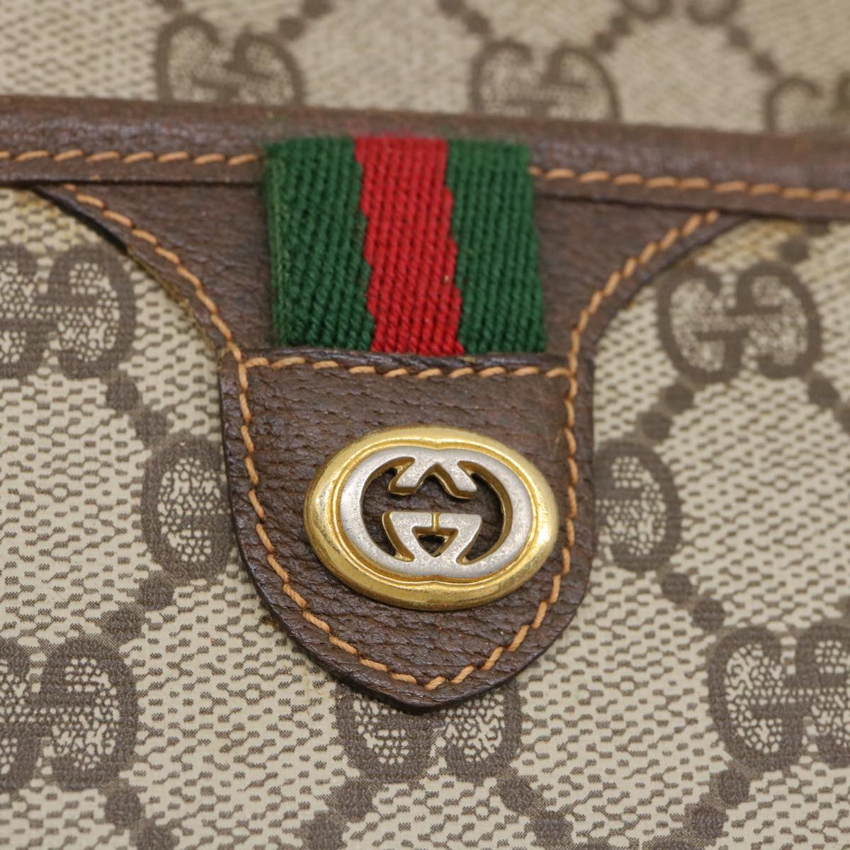 GUCCI Web Sherry Line GG Canvas Shoulder Bag PVC Leather Beige Green ep425