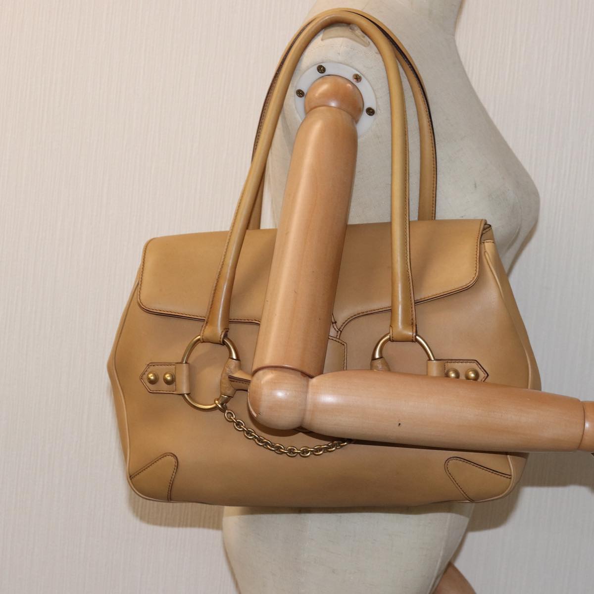 GUCCI Horsebit Shoulder Bag Leather Beige 120982 ep4250