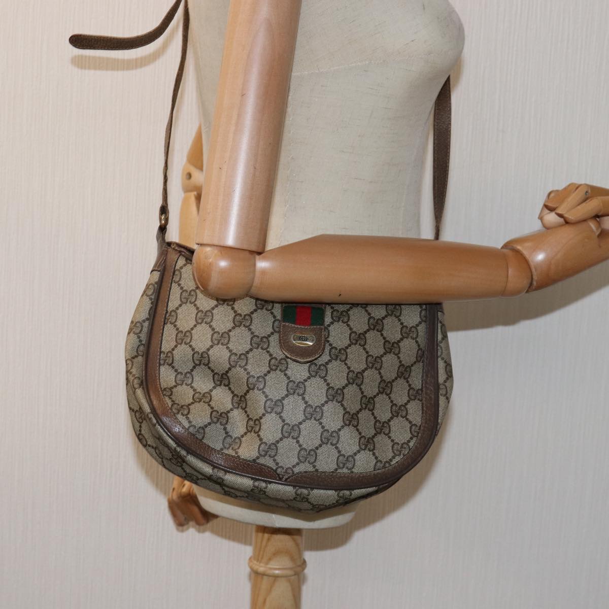 GUCCI GG Supreme Web Sherry Line Shoulder Bag PVC Leather Beige ep4259