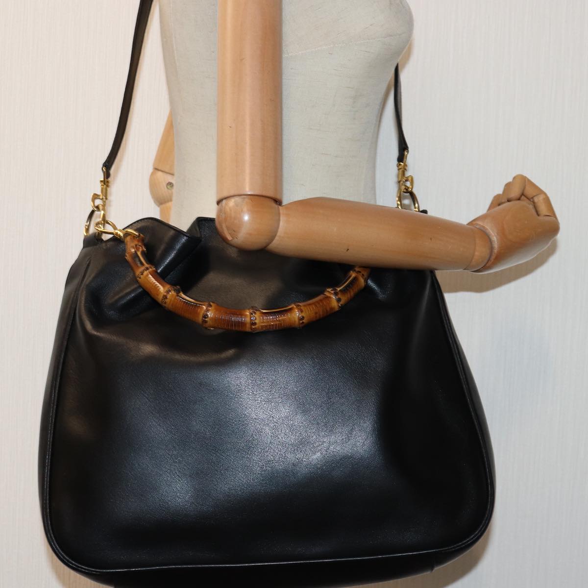 GUCCI Bamboo Hand Bag Leather 2way Black Gold 001 2013 1577 0 ep5111