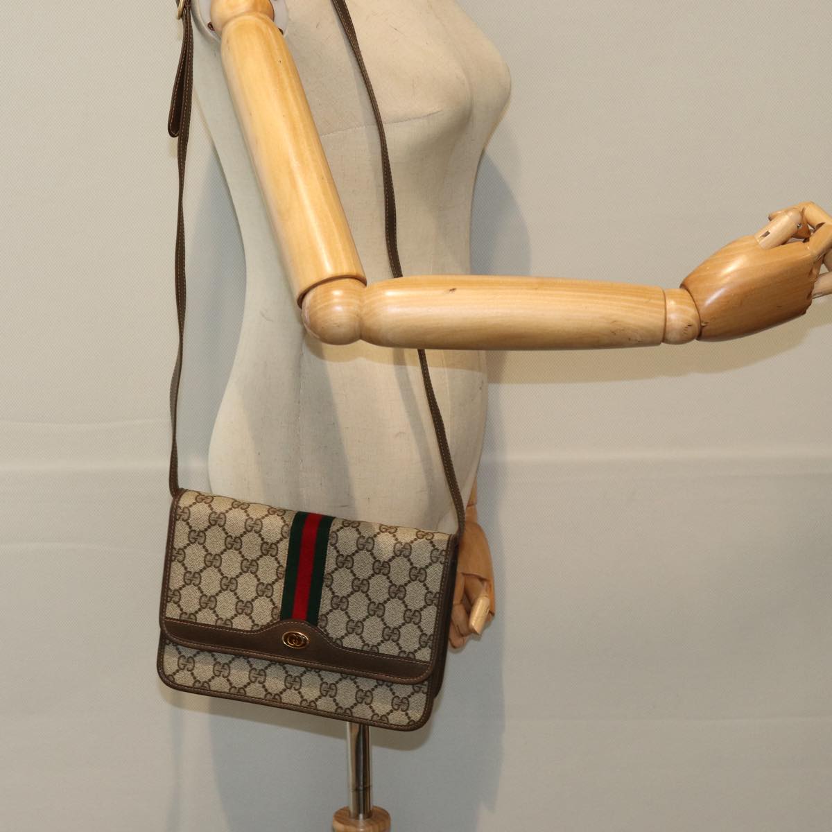GUCCI GG Canvas Web Sherry Line Shoulder Bag PVC Beige Green Red ep5199