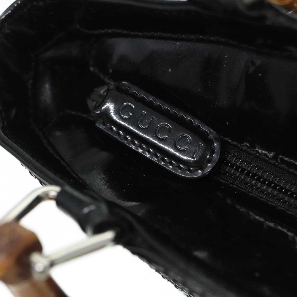 GUCCI Bamboo Hand Bag Enamel Black Silver ep5233