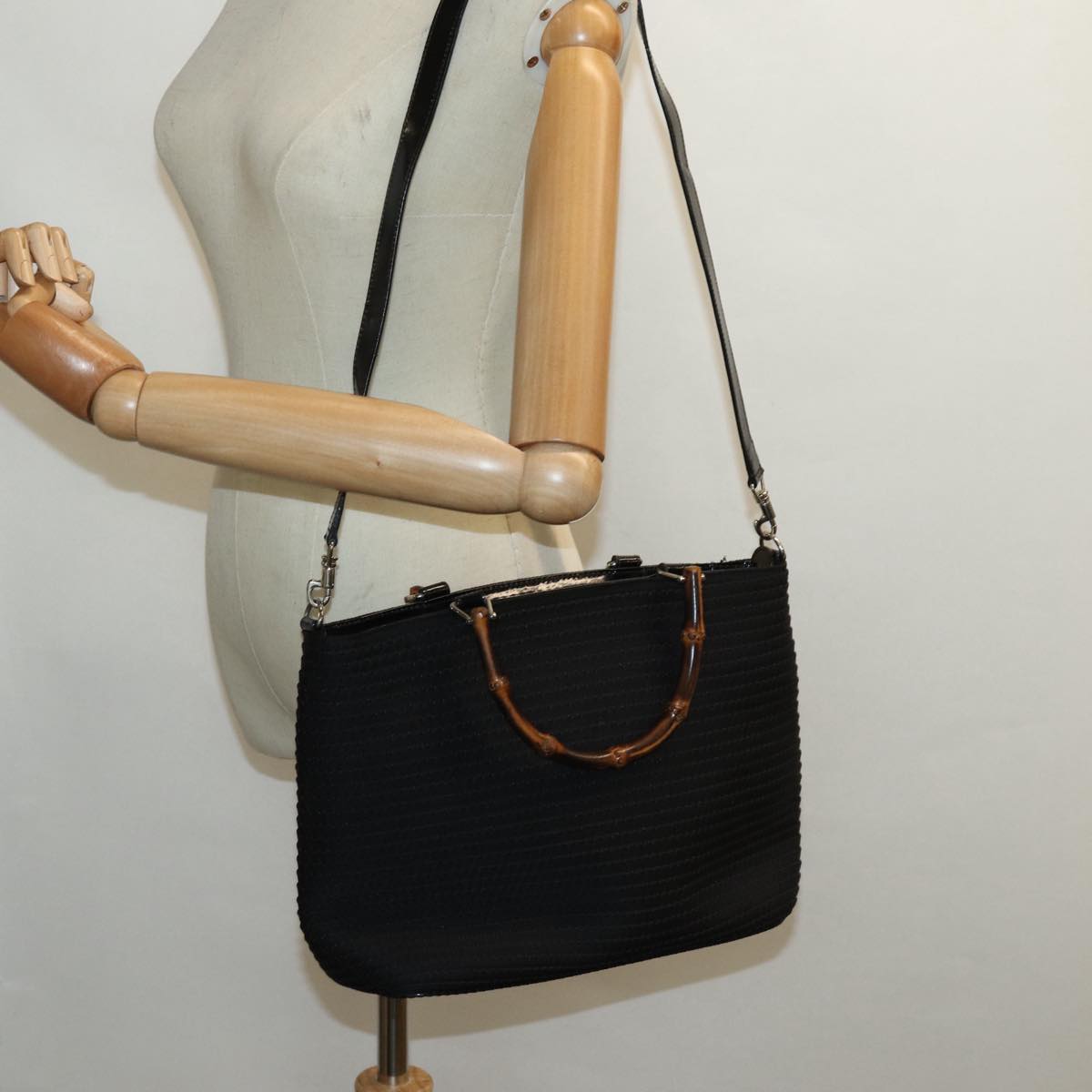 GUCCI Bamboo Hand Bag Canvas 2way Black Gold 000 1998 0540 ep5246