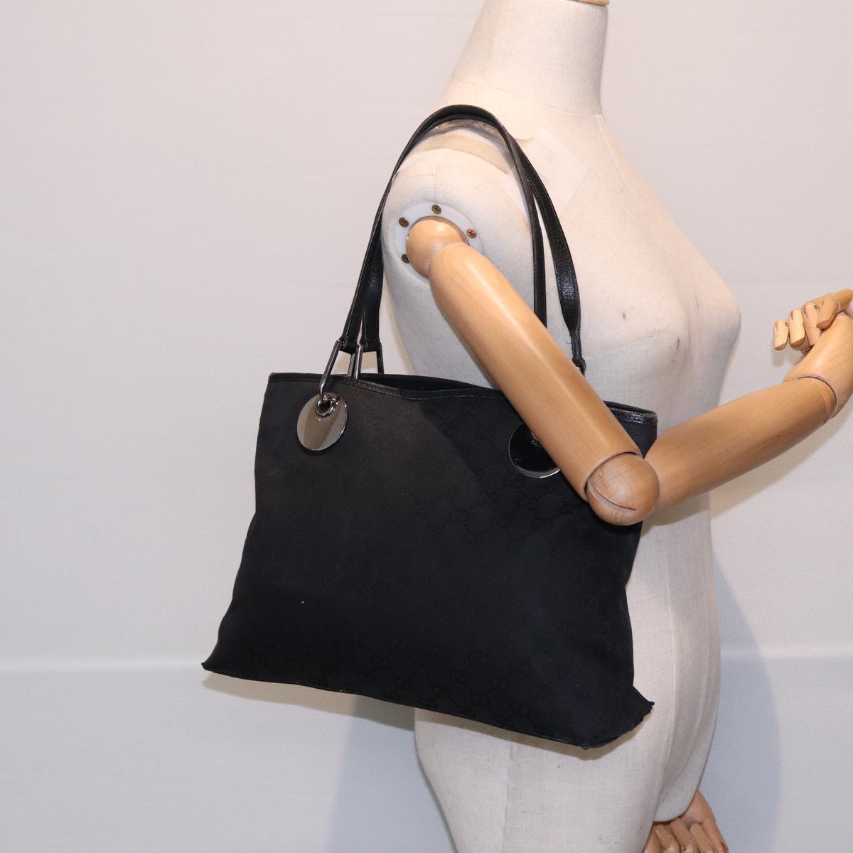 GUCCI GG Canvas Tote Bag Black Silver 120837 ep5509