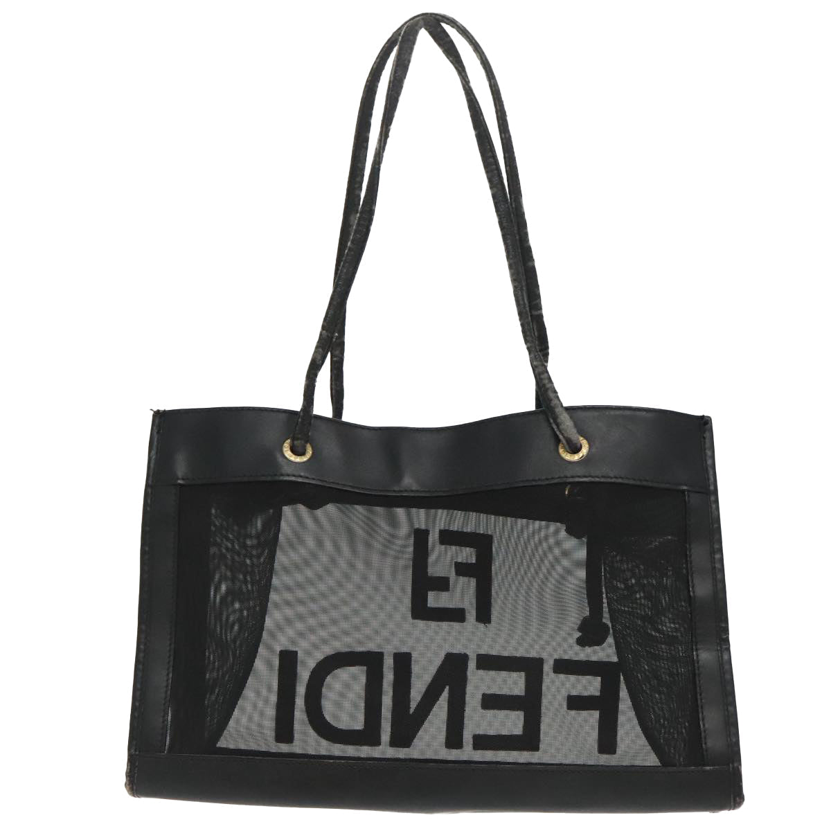 FENDI Mesh Tote Bag Leather Black ep6207