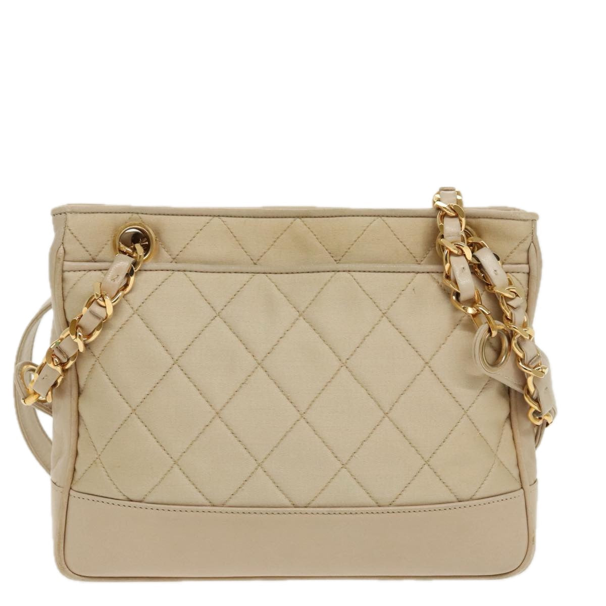 CHANEL Matelasse Chain Shoulder Bag Satin Beige Gold CC ep6261