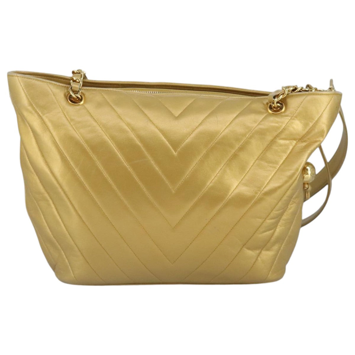 CHANEL V Stitch Chain Tote Bag Lamb Skin Gold Tone CC ep6263