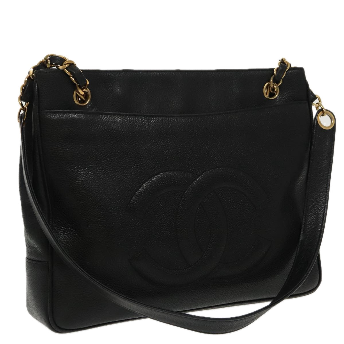 CHANEL COCO Mark Chain Tote Bag Caviar Skin Black Gold CC ep6304