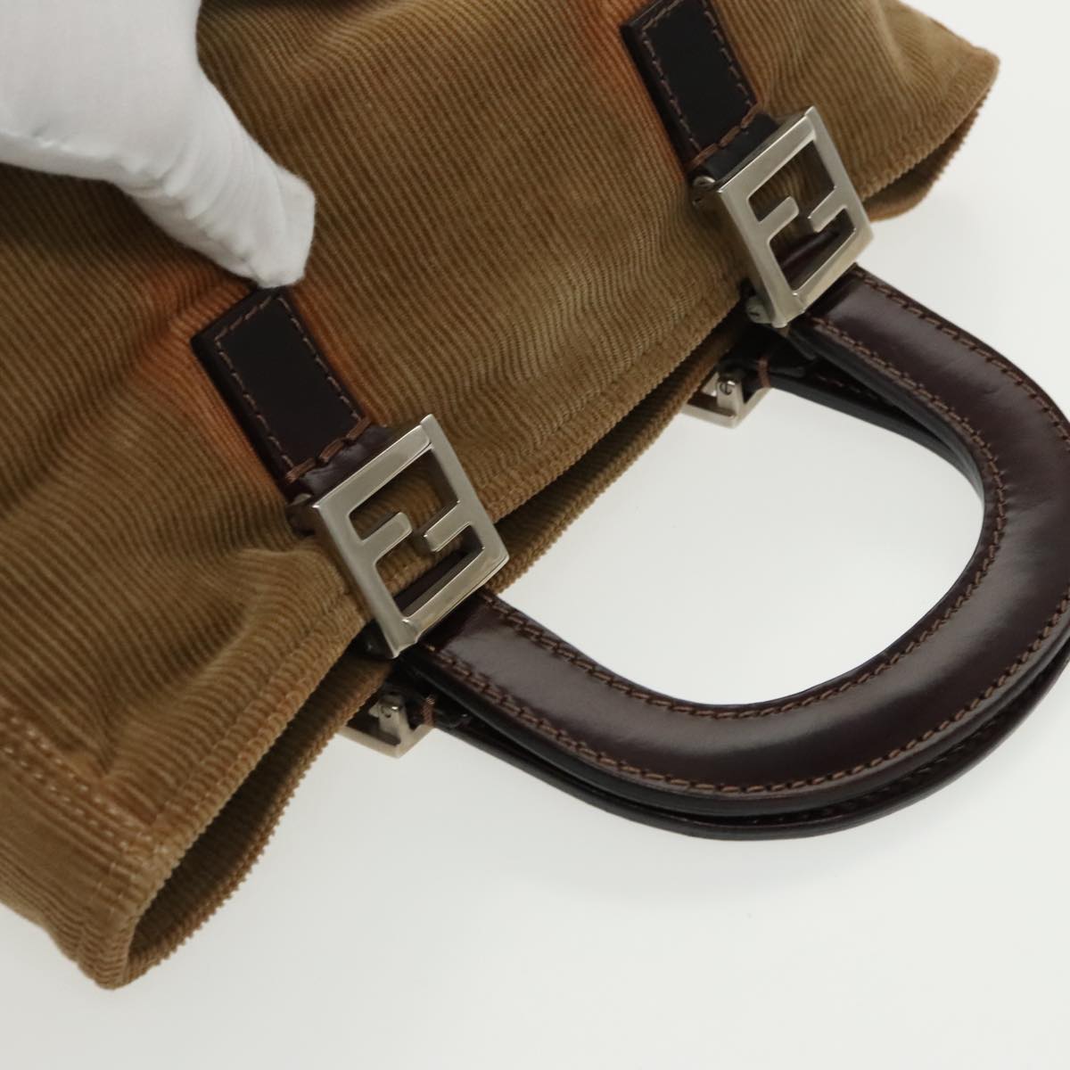 FENDI Hand Bag Corduroy Brown Silver ep6446
