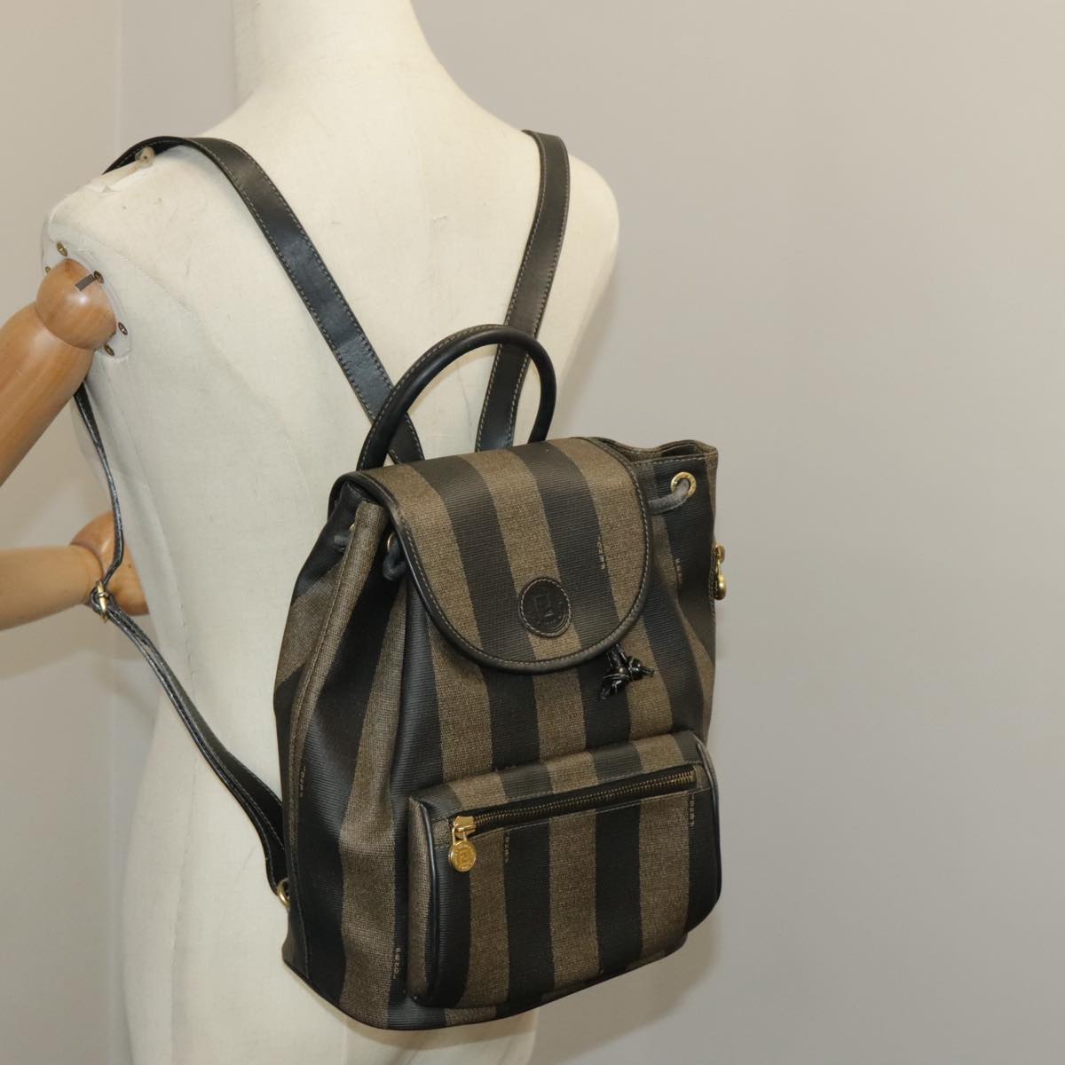 FENDI Pecan Canvas Backpack Brown Black gold ep6451