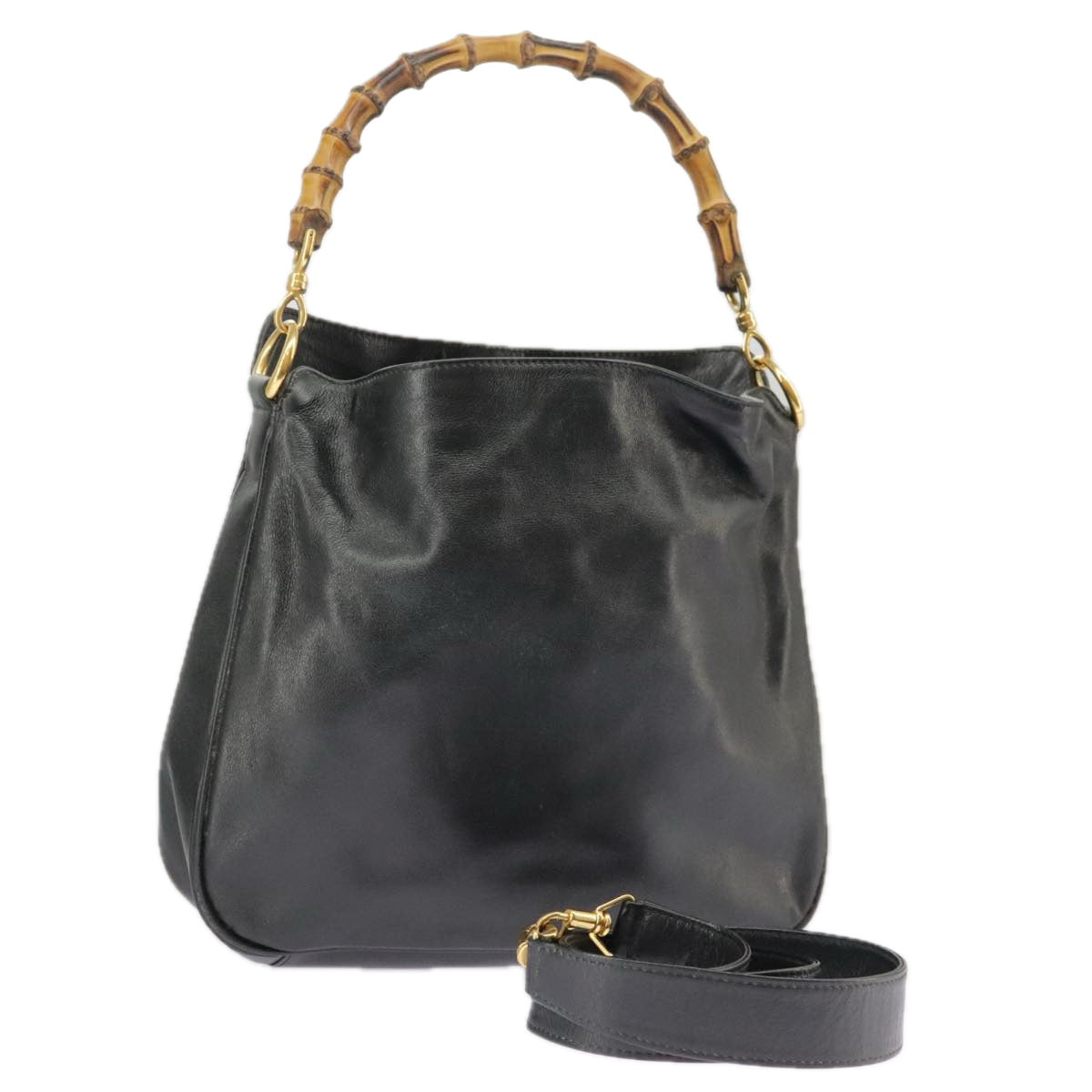 GUCCI Bamboo Hand Bag Leather 2way Black Gold 000 1448 1638 ep6587