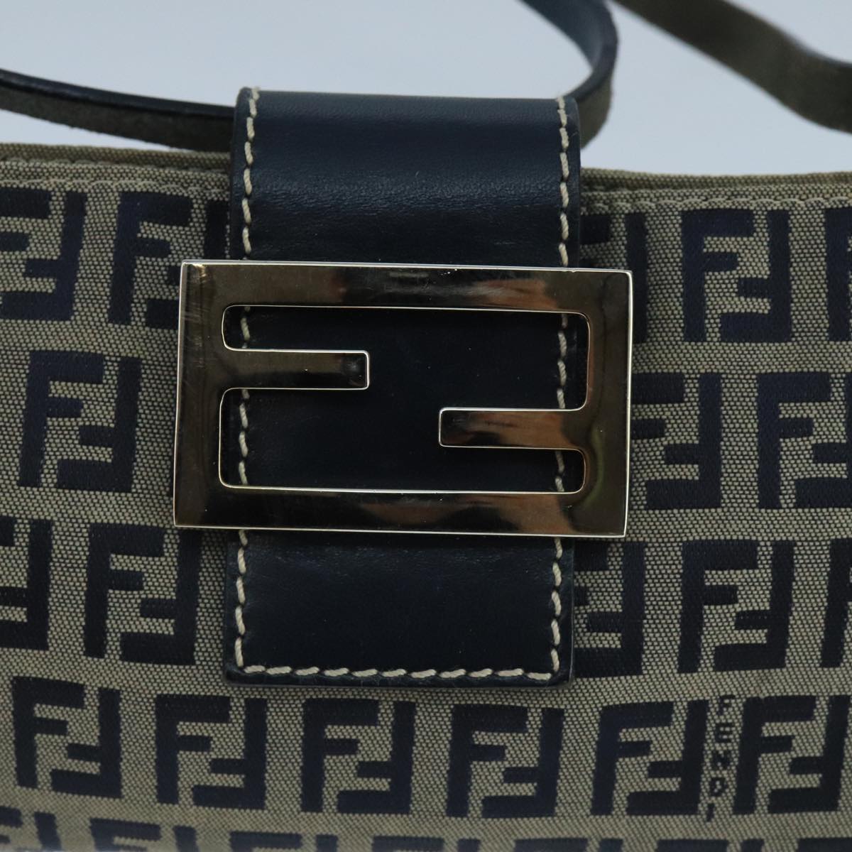 FENDI Zucchino Canvas Mamma Baguette Shoulder Bag Navy Silver ep6828