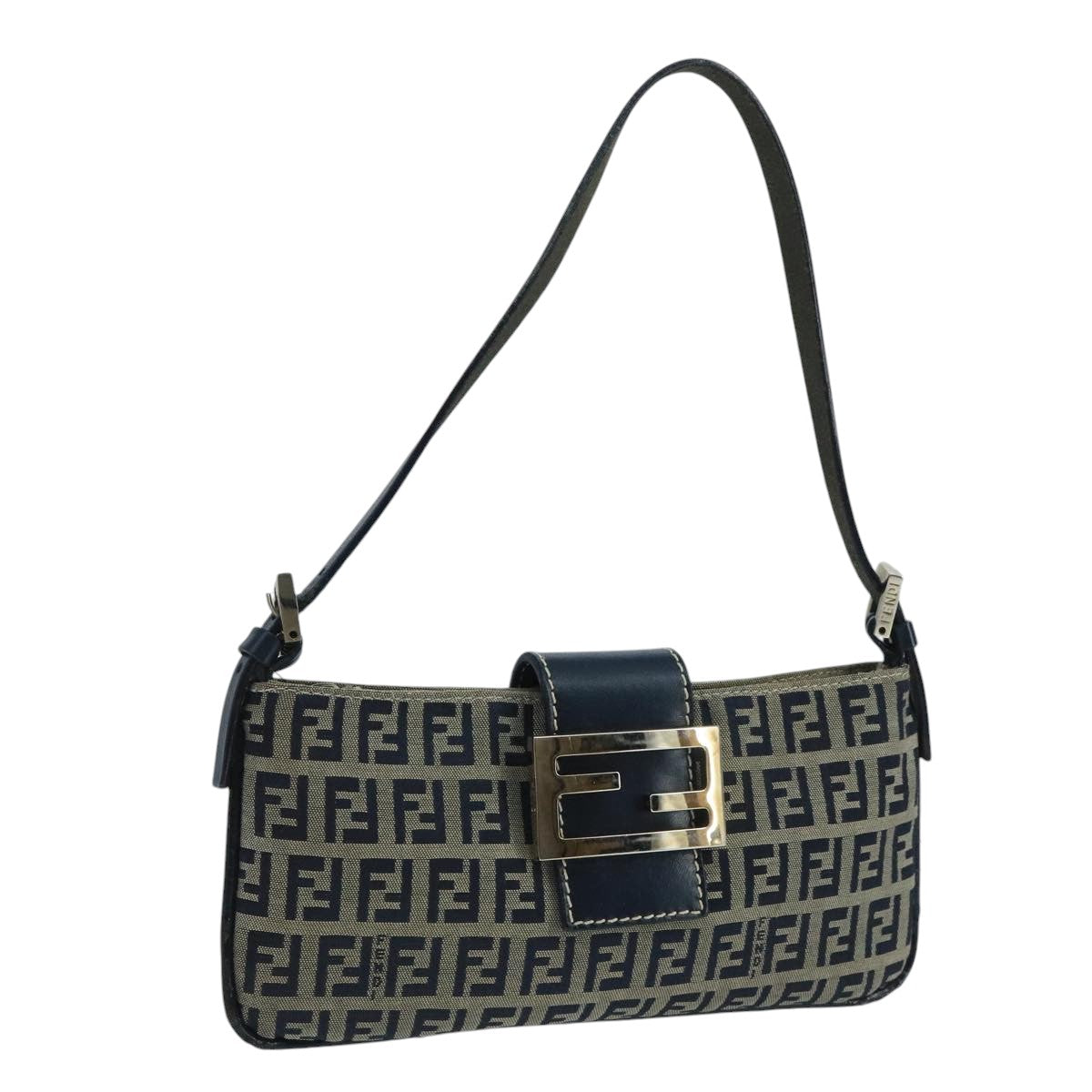 FENDI Zucchino Canvas Mamma Baguette Shoulder Bag Navy Silver ep6828