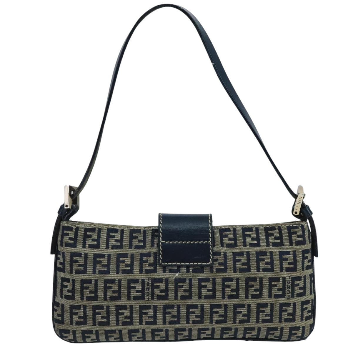 FENDI Zucchino Canvas Mamma Baguette Shoulder Bag Navy Silver ep6828