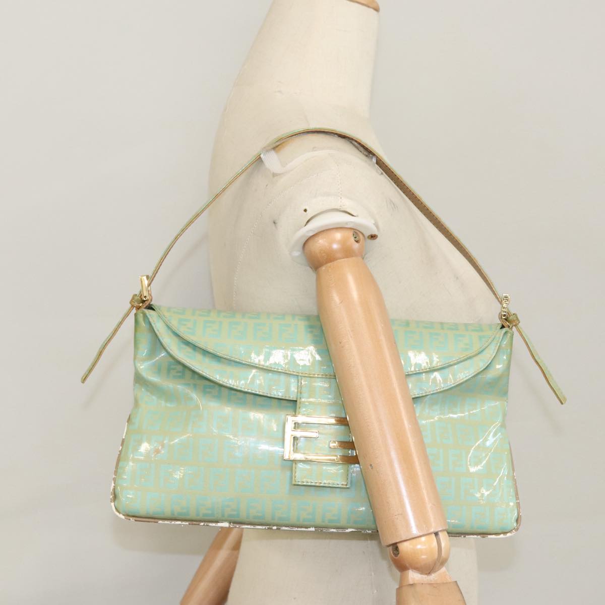 FENDI Zucchino Mamma Baguette Shoulder Bag Coated Canvas Peppermint ep7217